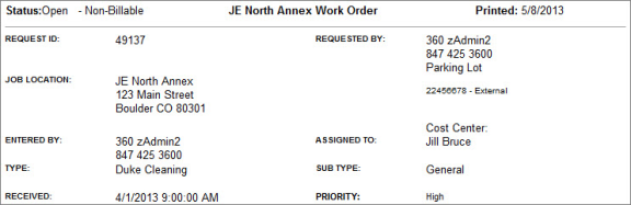 The top portion of a printed work order displaying information about the work that needs to be done